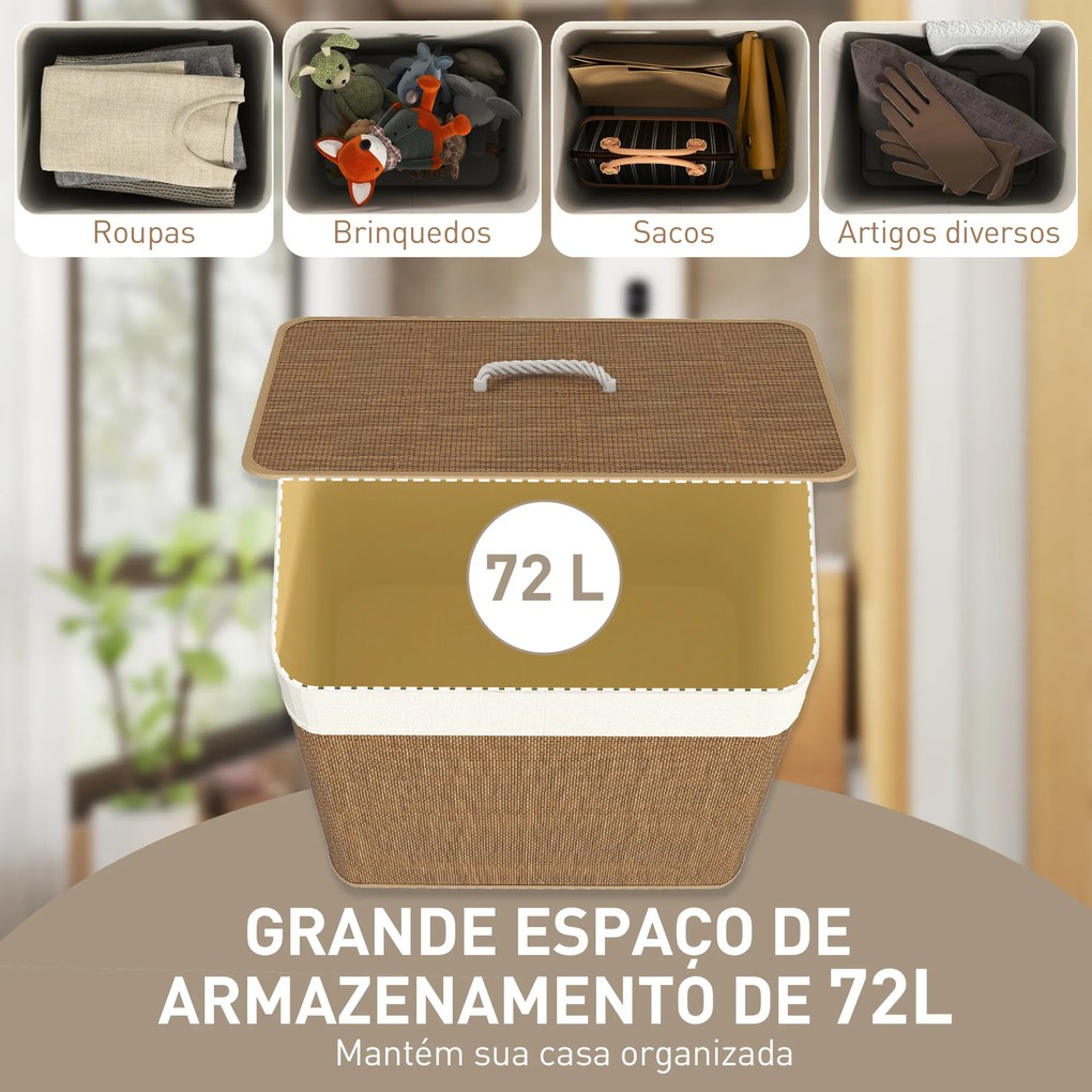 Cesto de Roupa com Tampa 72L Cesto de Roupa de Bambu com Bolsa Interior Removível e Alças 40x30x60 cm Madeira e Creme