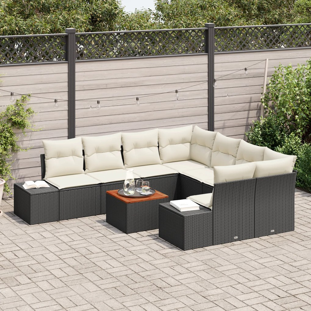 Conjunto de Sofás de Jardim com 9 Peças e Almofadas Preto Poli Rattan