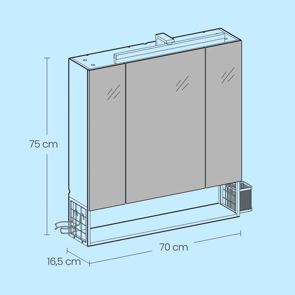 Armário de casa de banho parede com iluminação LED e tomadas 16,5 x 70 x 75 cm branco