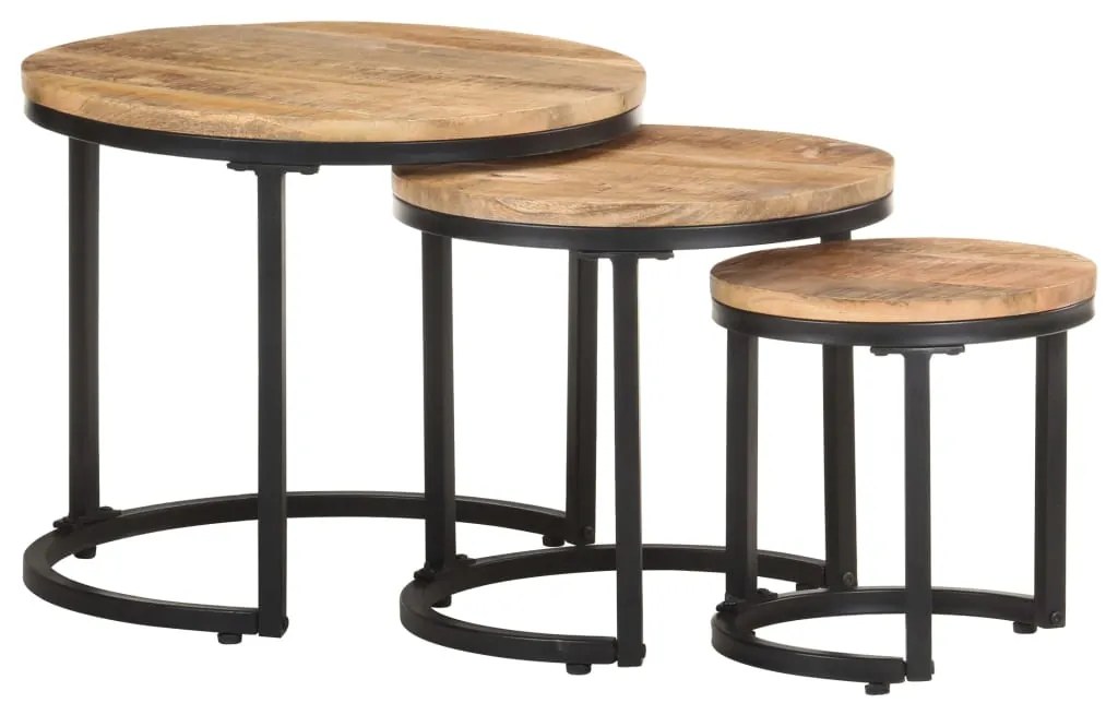 Mesas de apoio 3 pcs madeira de mangueira áspera