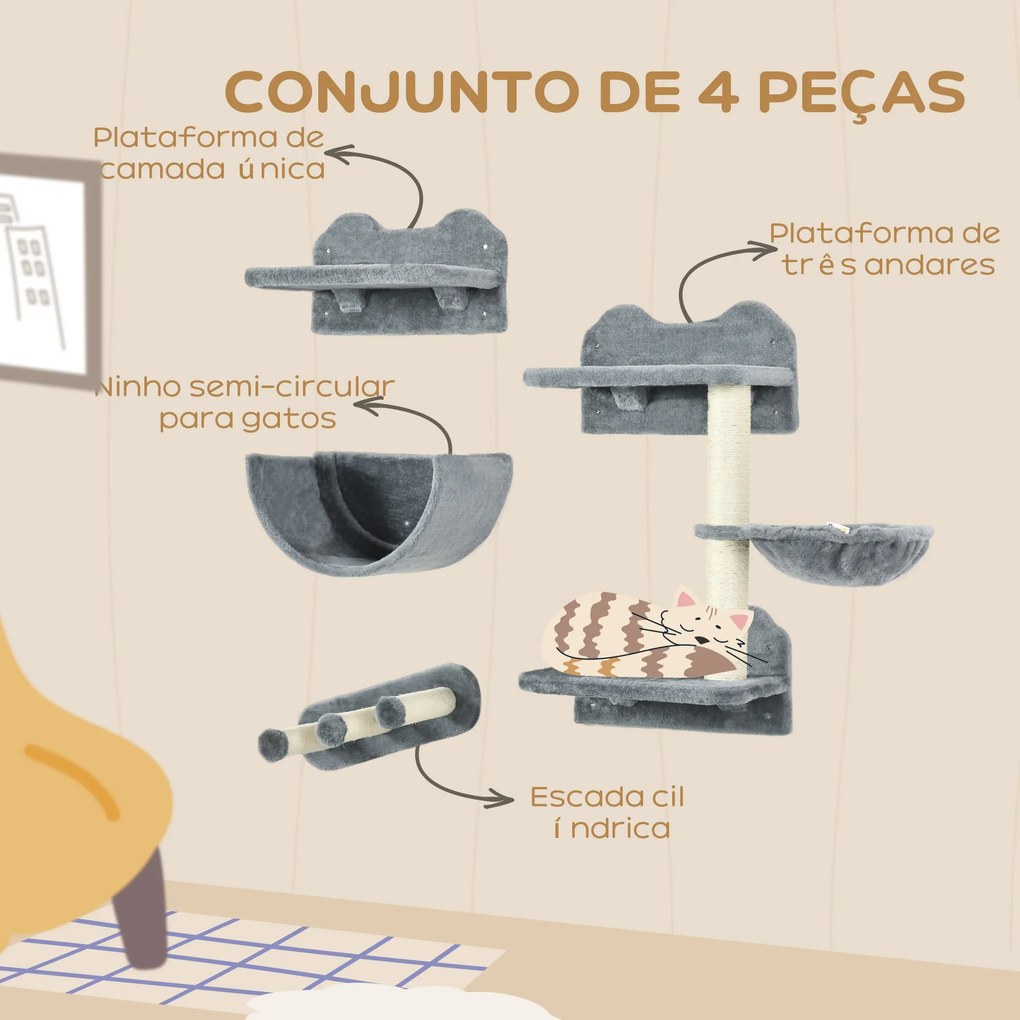 Prateleiras de Parede para Gatos 4 Peças com Rede Plataforma Semicircular Plataformas de Salto e Poste de Sisal Cinza