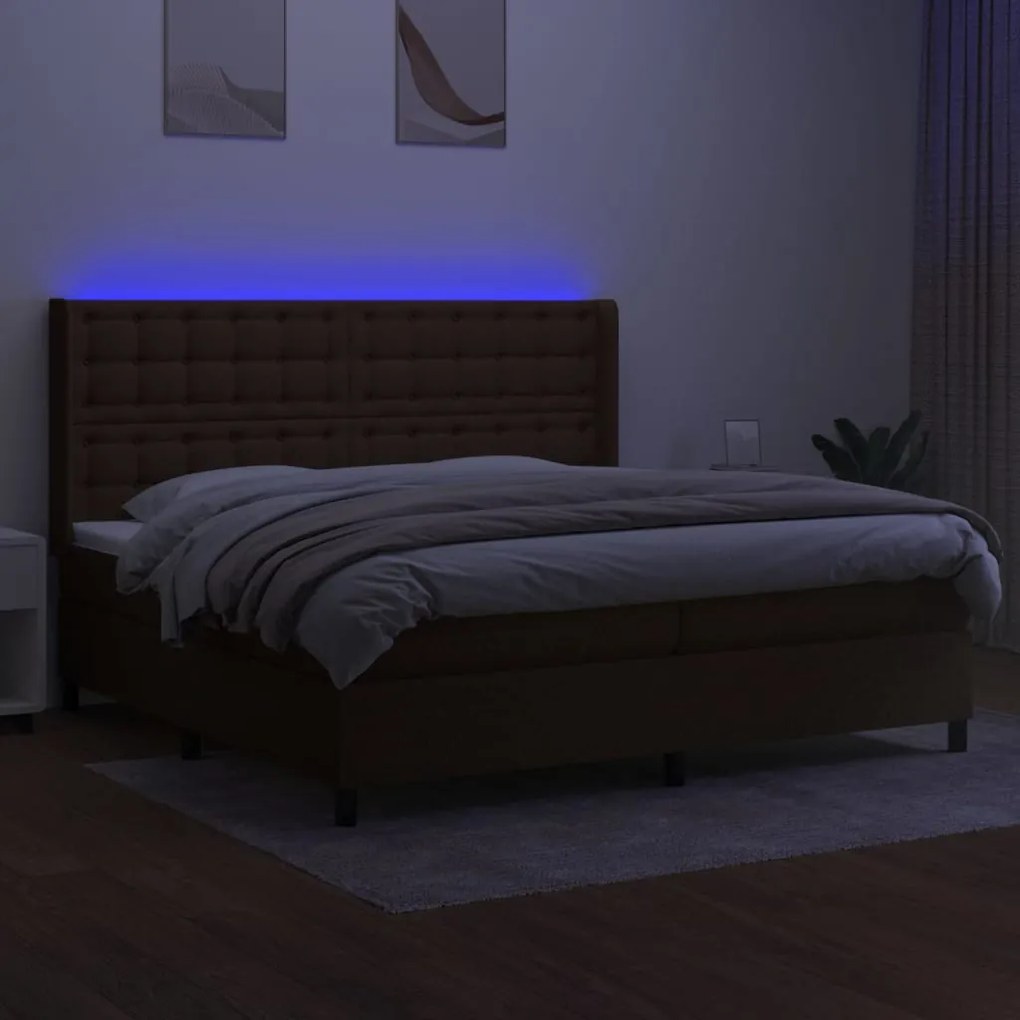 Cama box spring c/ colchão/LED 200x200cm tecido castanho-escuro