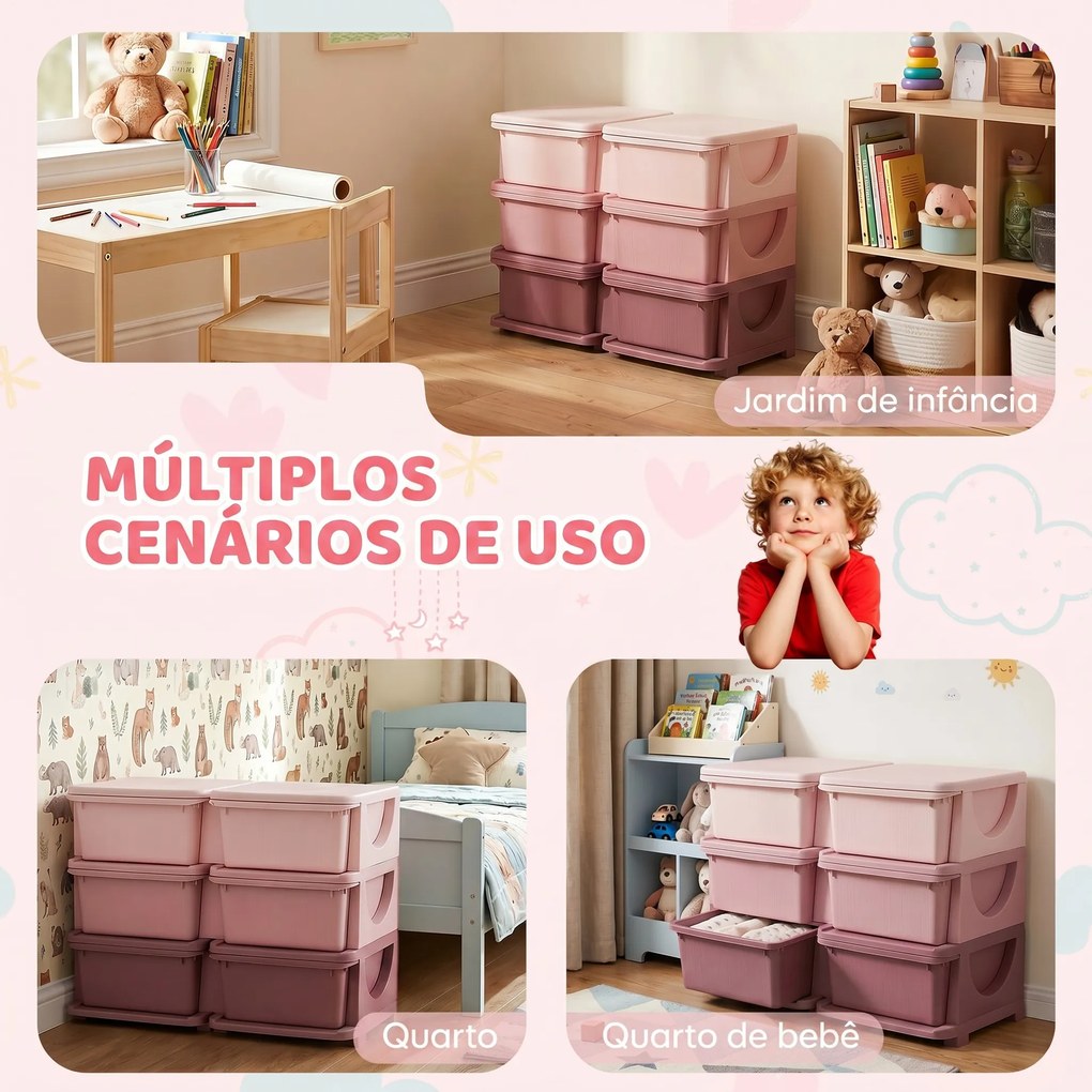 Organizador de Brinquedos com 6 Gavetas para Crianças com Bordas Arredondadas e Pegas 75x37x56,5 cm Rosa