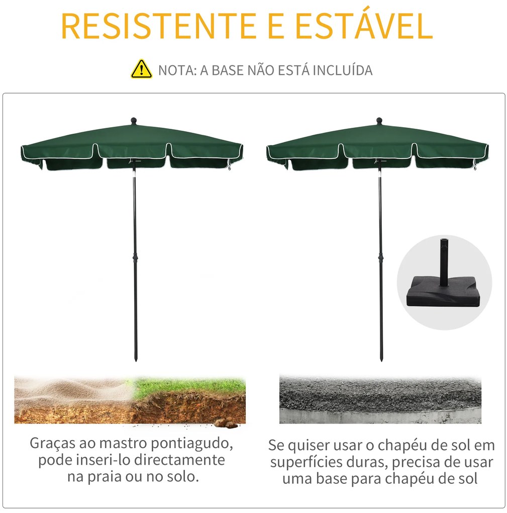 Outsunny Chapéu de Sol Retangular de Jardim 198x130x240cm Chapéu de Sol de Alumínio com Função de Inclinação para Terraço Pátio Exterior Verde