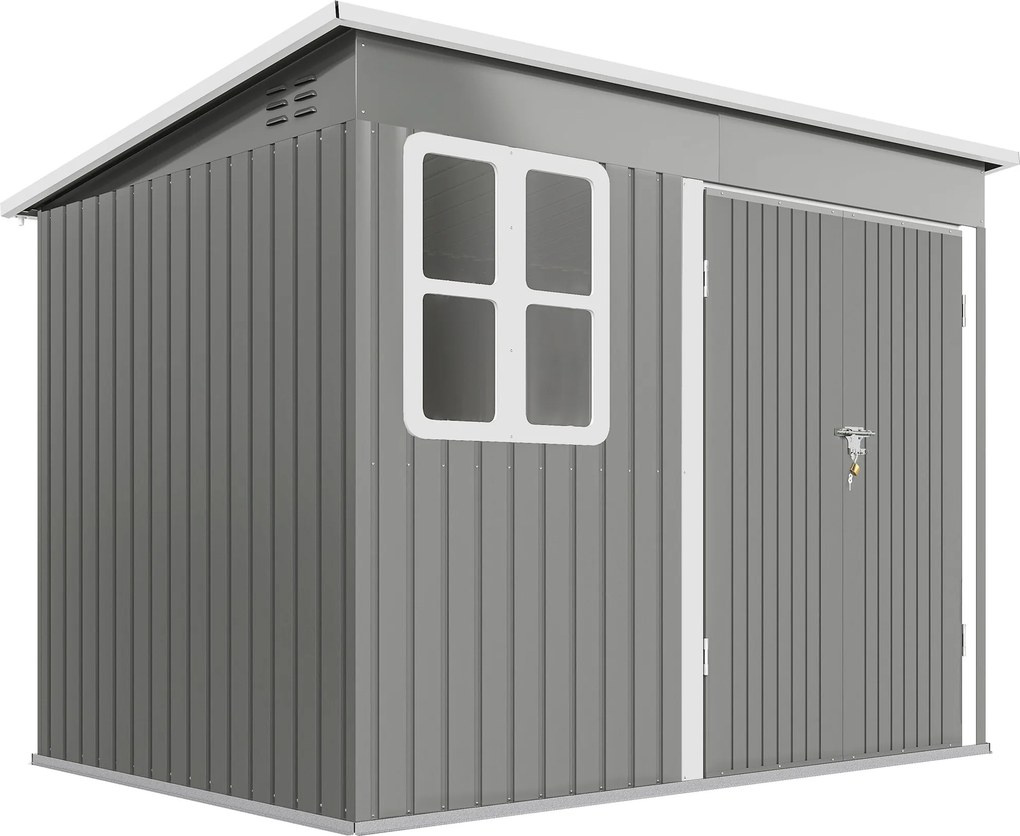 Outsunny Abrigo metálico para armazenamento de ferramentas de jardim, com janela, porta larga, 260 x 177 x 190 cm, Cinza claro | Aosom Portugal