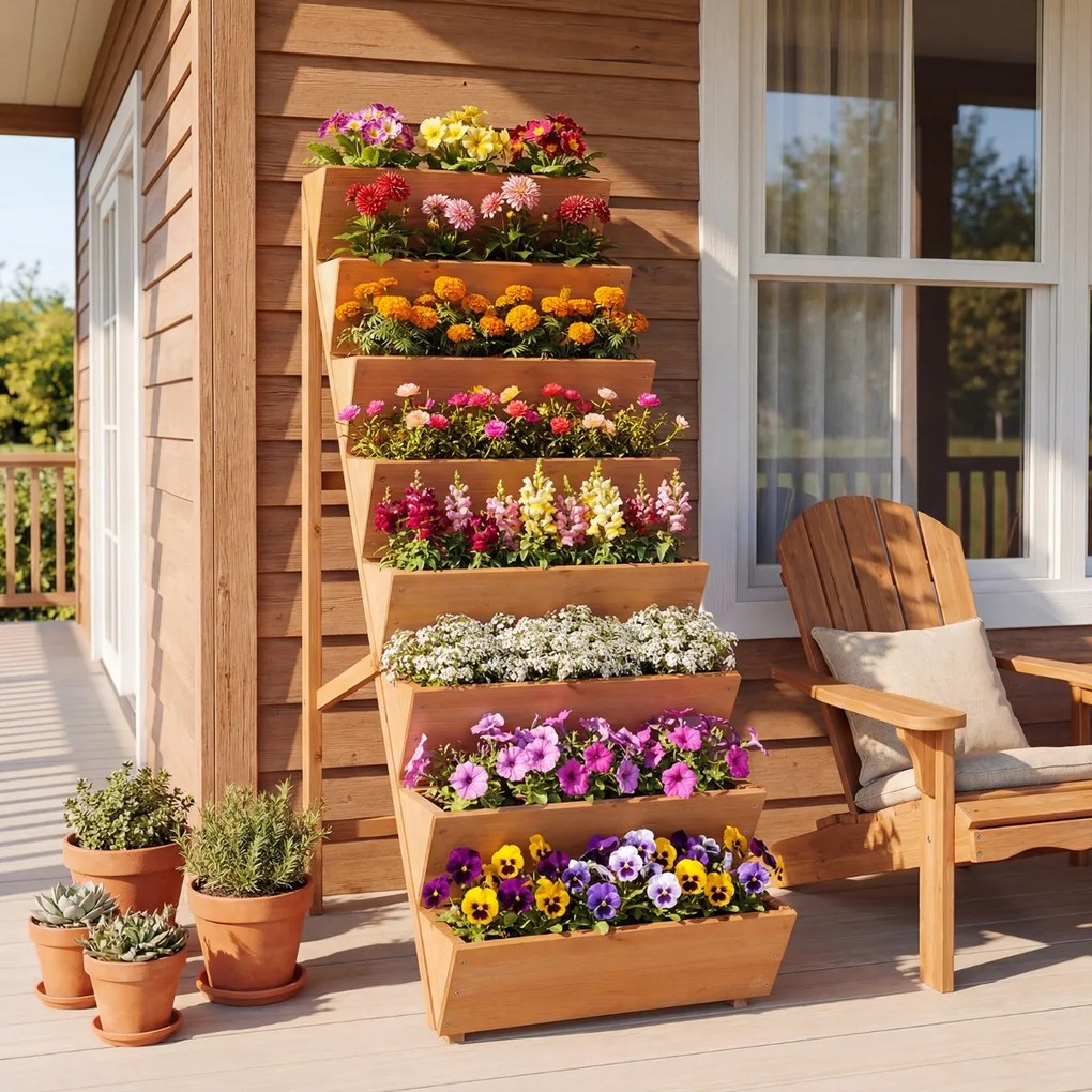 Floreira vertical 101 x 60,5 x 150 cm em degraus de madeira de abeto com 8 vasos para ervas aromáticas, legumes e flores – terraço, varanda, madeira
