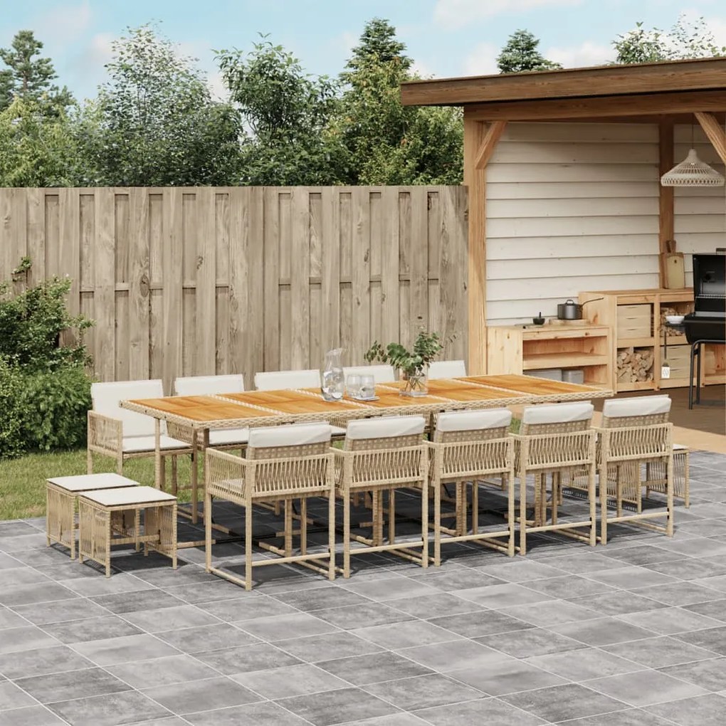 vidaXL 15 pcs conjunto de jantar p/ jardim com almofadões vime PE bege