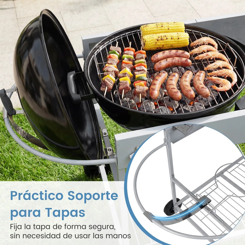 Carrinho de churrasco 141 x 62 x 80 cm para grelhadores de 18“ e 22” com bancada ampla, grelha metálica, cesto para rolos e caixote do lixo para jardi