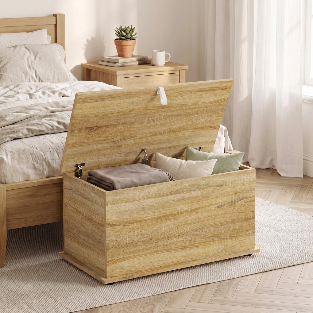 Baú de Arrumação 102 L com Dobradiça de Segurança Estilo Moderno para Corredor Quarto e Sala de Estar 80x40x45 cm Carvalho