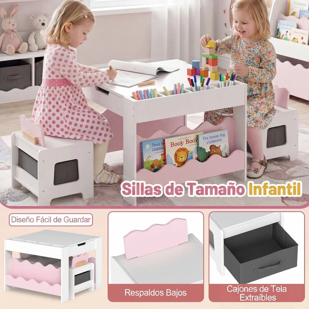 Conjunto de Mesa e 2 Cadeiras Infantis, 66 x 64 x 48 cm, Tabuleiro Reversível, Rosa