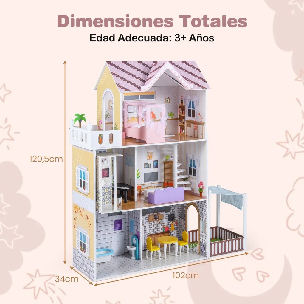 Casa de bonecas de madeira 102 x 34 x 120,5 cm com 3 andares para crianças a partir de 3 anos, com varanda, jardim, 16 acessórios, móveis, rosa