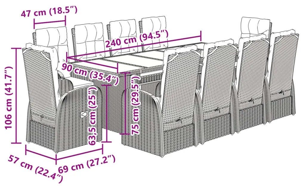 11 pcs conjunto de jantar p/ jardim c/ almofadões vime PE preto