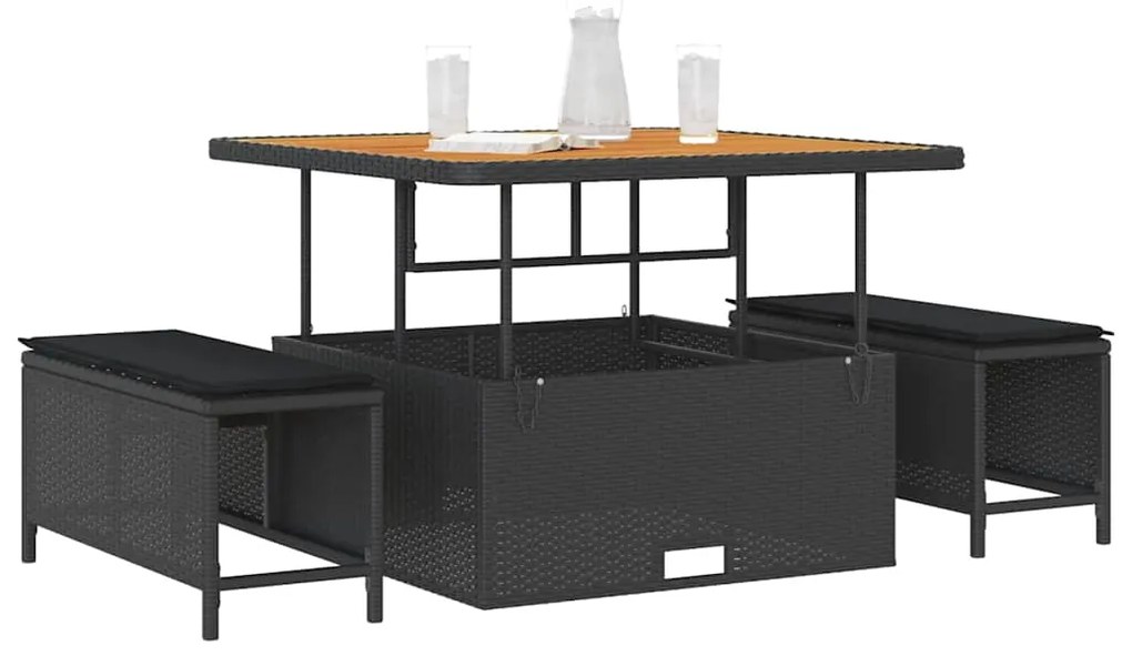 Conjunto de Jantar de Jardim com Almofadas Preto Rattan Acácia