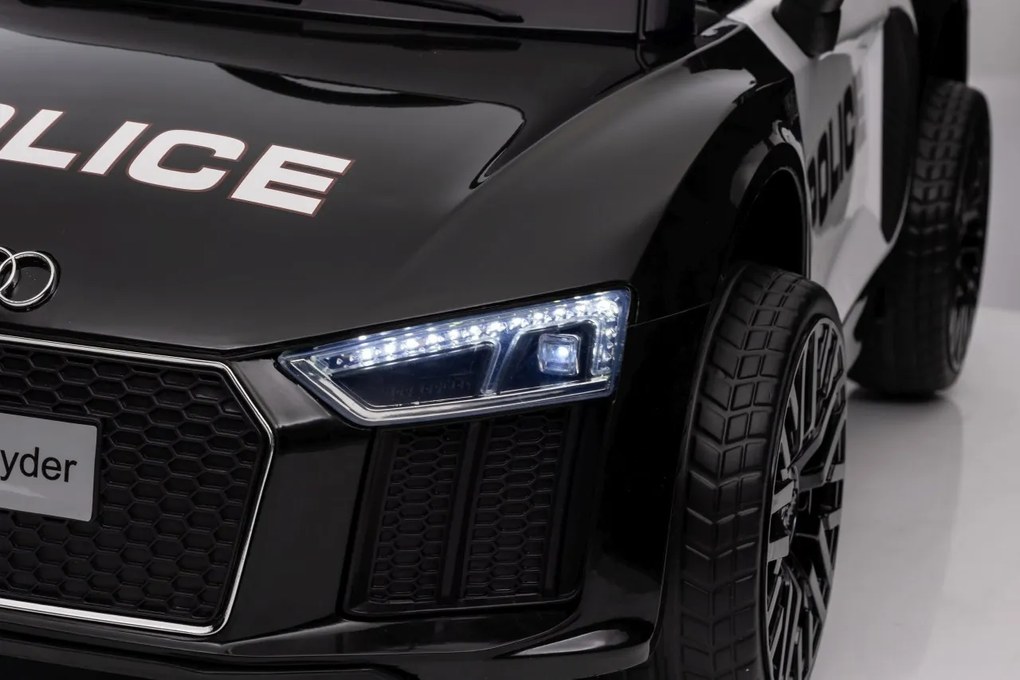 Carro elétrico para Crianças Audi R8 Policia 12V Rodas Espuma EVA, Assento couro ecológico Preto