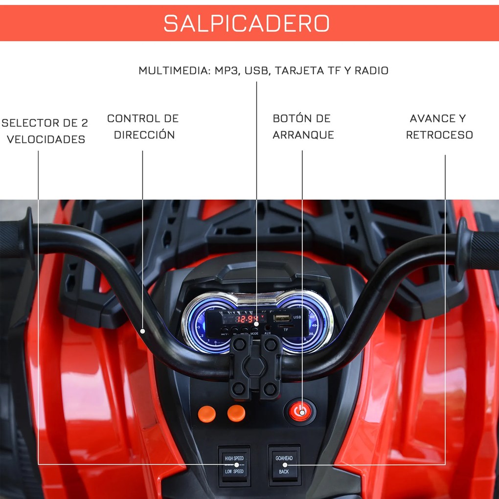 HOMCOM Quadriciclo Elétrico Infantil para Crianças de 3-6 Anos com Bateria 12V MP3 Rádio Luzes Carga Máxima 30kg 103,5x69,5x70cm Vermelho