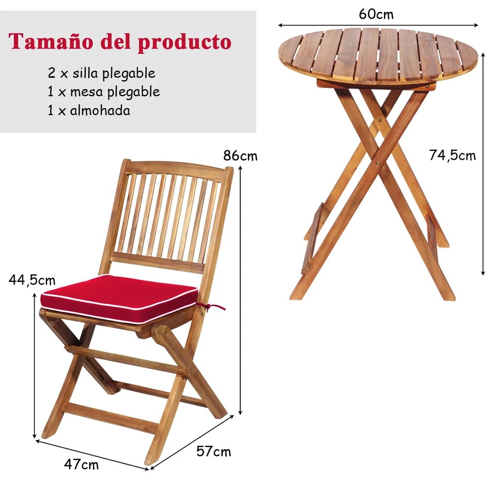 Conjunto 5 Peças Móveis Bistro de Madeira 2 Cadeiras com Almofada Mesa de Madeira de Acácia Mesa de Exterior Dobrável para Terraço Jardim Piscina Verm