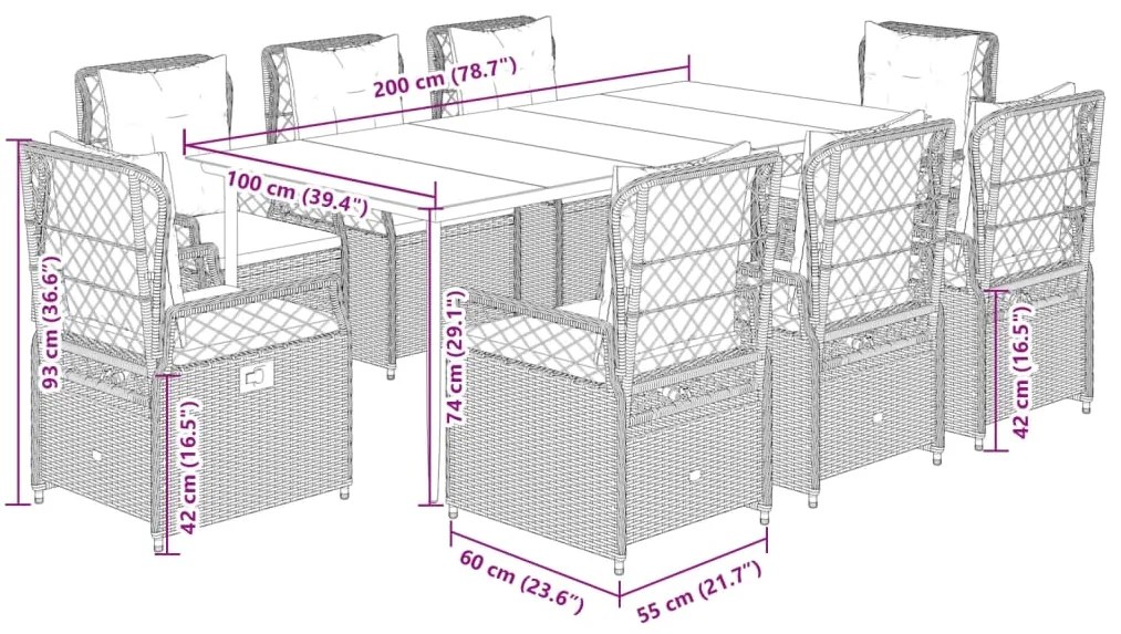 9 pcs conjunto de jantar p/ jardim com almofadões vime PE bege