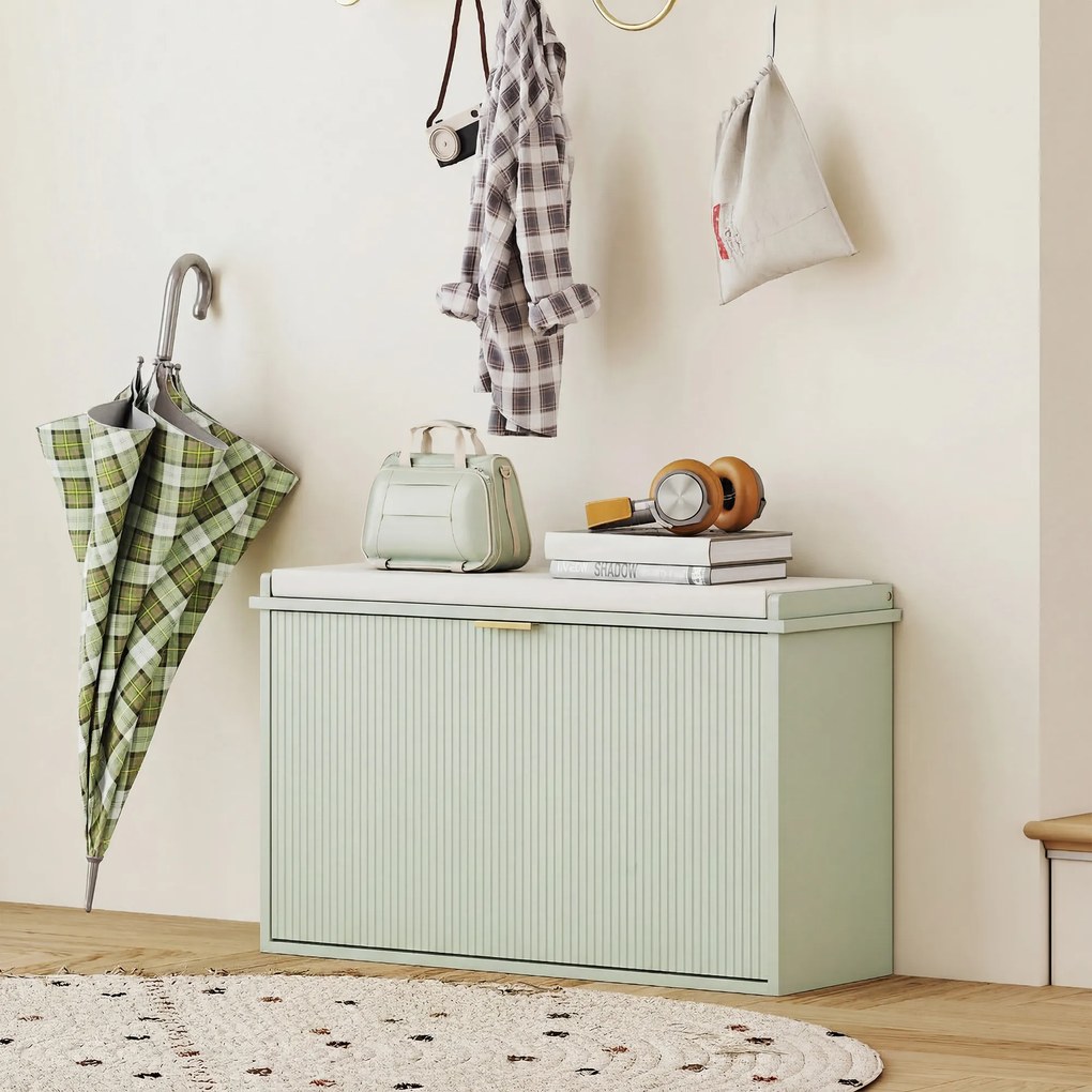 Banco Sapateira com Assento Acolchoado Gaveta Rebatível Prateleira Ajustável para Entrada ou Quarto 80x26x47,5 cm Verde Claro