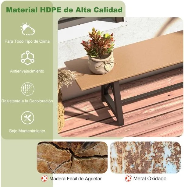 Banco jardim em PEAD para 3-4 pessoas com estrutura metálica 183 x 35 x 41,5 cm Estrutura metálica, capacidade para 500 KG Castanho