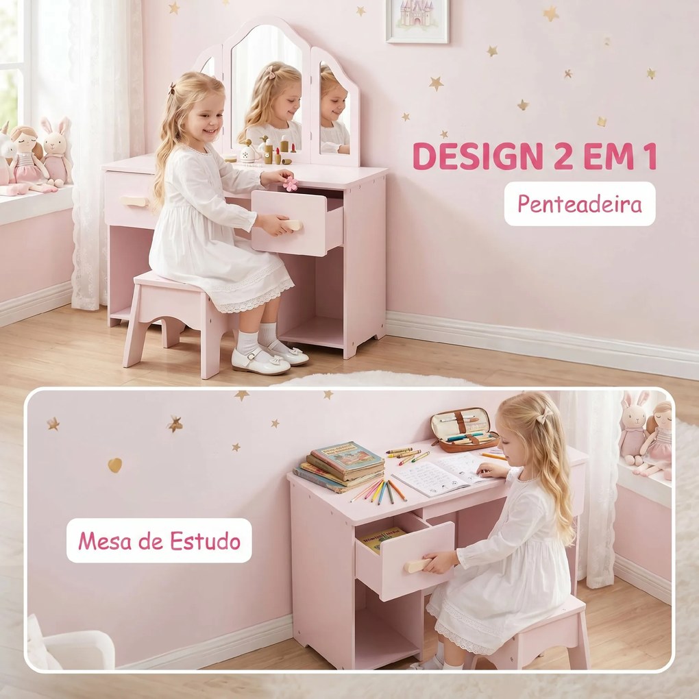 Toucador Infantil de Maquilhagem com Banco, 3 Espelhos Amovíveis, 2 Gavetas, 2 Armários e 7 Acessórios, Rosa, +3 Anos