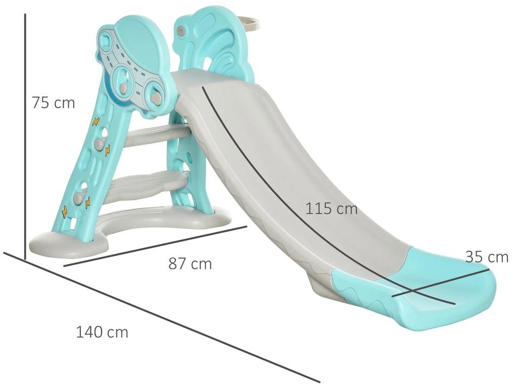 Escorrega Infantil Dobrável com Cesta de Basquetebol para Crianças acima de 18 meses Modelo Disco Voador para Interiores e Exteriores 140x87x75cm Azul