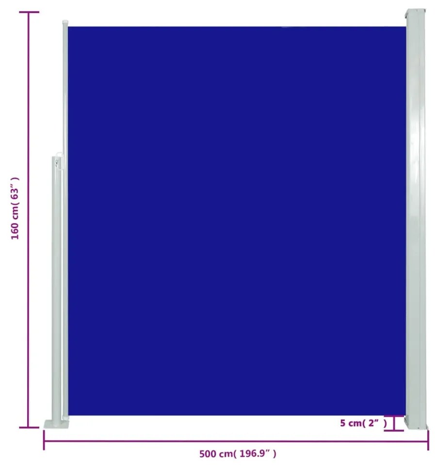Toldo lateral retrátil para pátio 160x500 cm azul