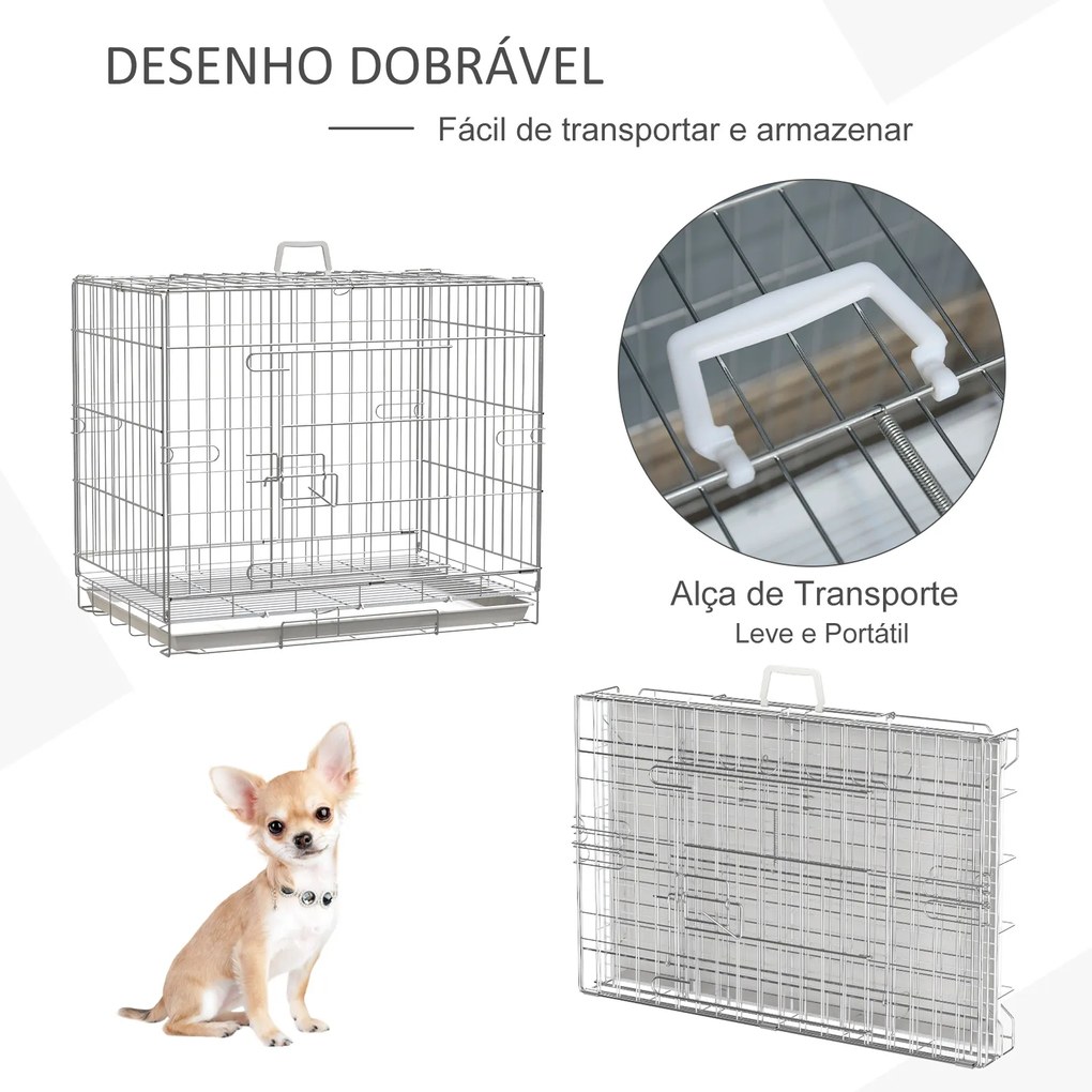 Gaiola Dobrável para Cães Gaiola Metálica 61x43x50cm Gaiola de Metal para Cães com Bandeja Amovível com Travão Prata e Branco