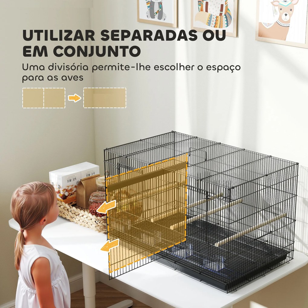 Gaiola para Pássaros com Divisória Gaiola para Aves com 4 Comedouros 4 Poleiros e Bandeja Amovível 76x46x46 cm Preto