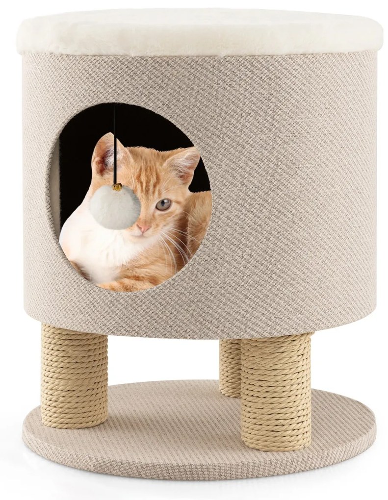 Casa para gatos pufe com arranhador de caverna e bola de peluche 40 x 40 x 47 cm Bege