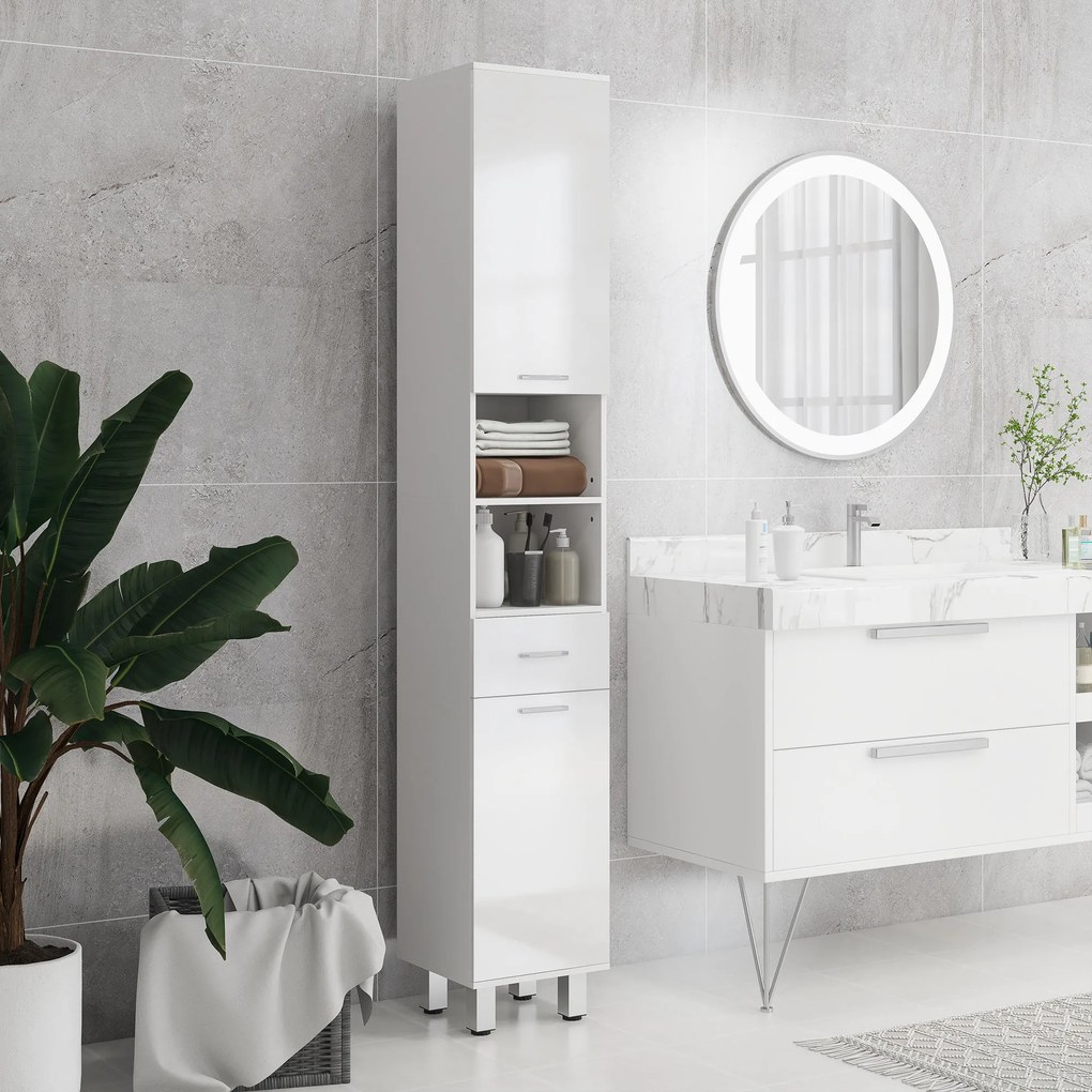 Coluna Casa de Banho Moderna com 1 Gaveta 3 Prateleiras Ajustáveis e 2 Armários Móvel Auxiliar de para Casa de Banho 30x30x180 cm Branco
