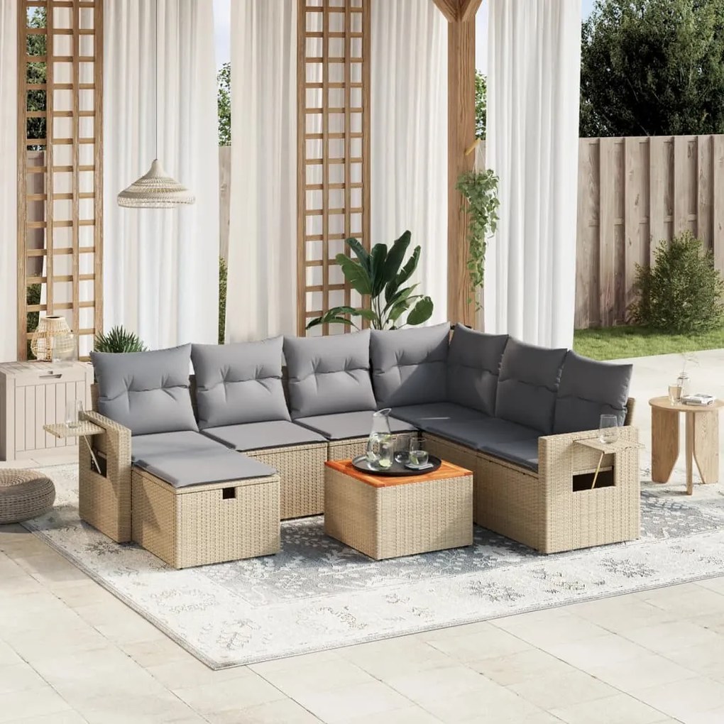 8 pcs conj. sofás jardim c/ almofadões vime PE bege misturado