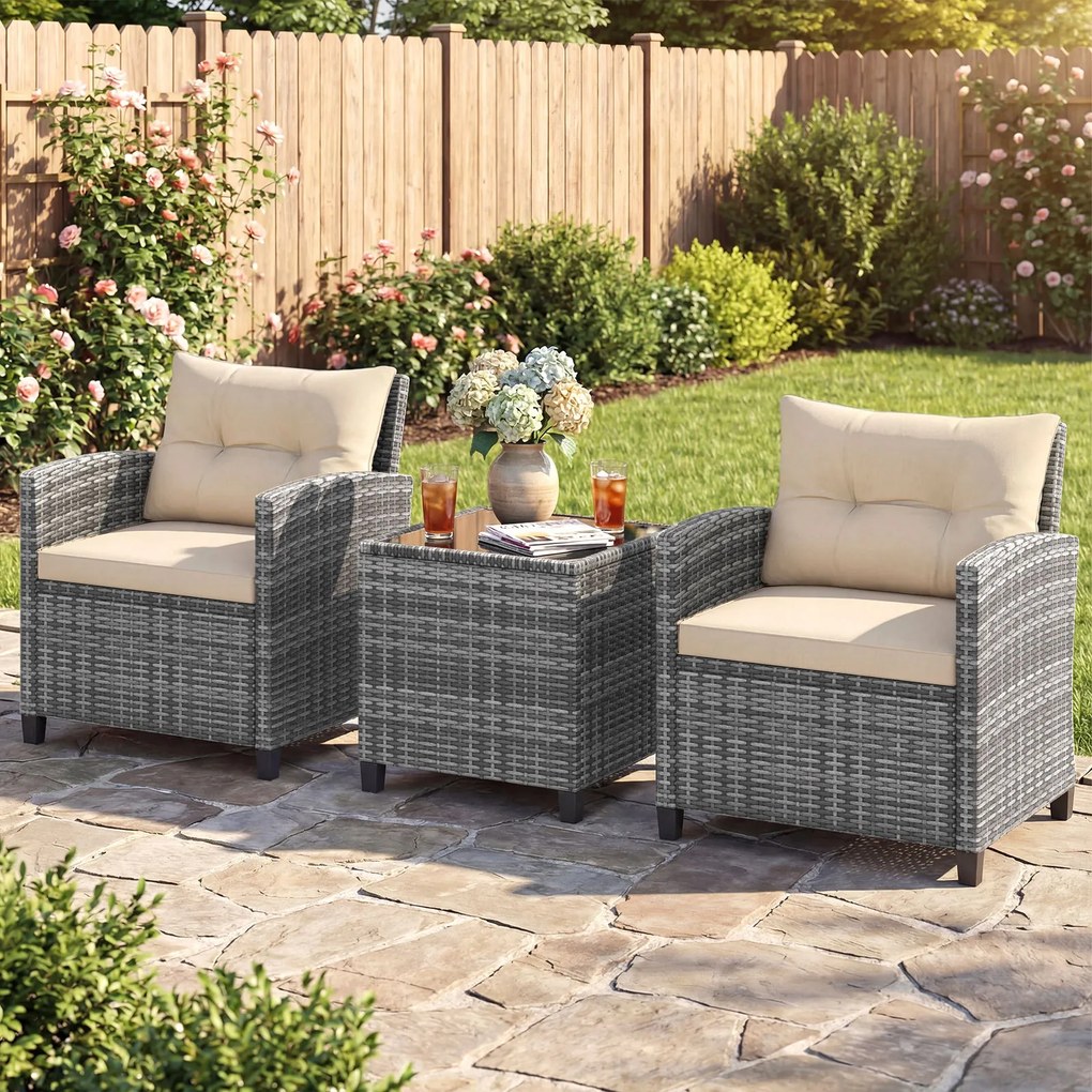Conjunto de jardim de 3 peças, composto por cadeiras de rattan e mesa com tampo de vidro temperado para pátio, rattan em mistura de cinzento com almof