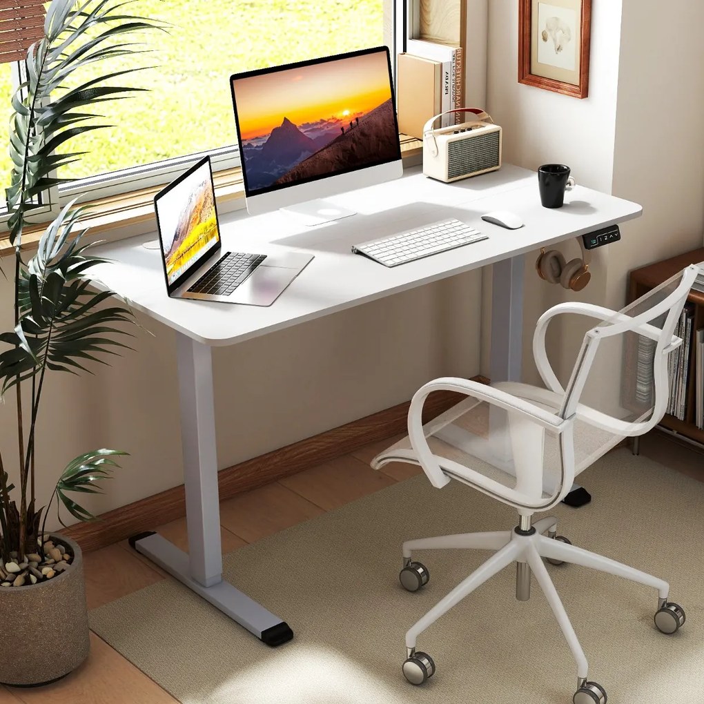 Secretária elétrica ajustável em altura 120 x 60 x 73-118 cm para trabalhar em pé e sentado com gancho para auscultadores Memória de alturas Branco