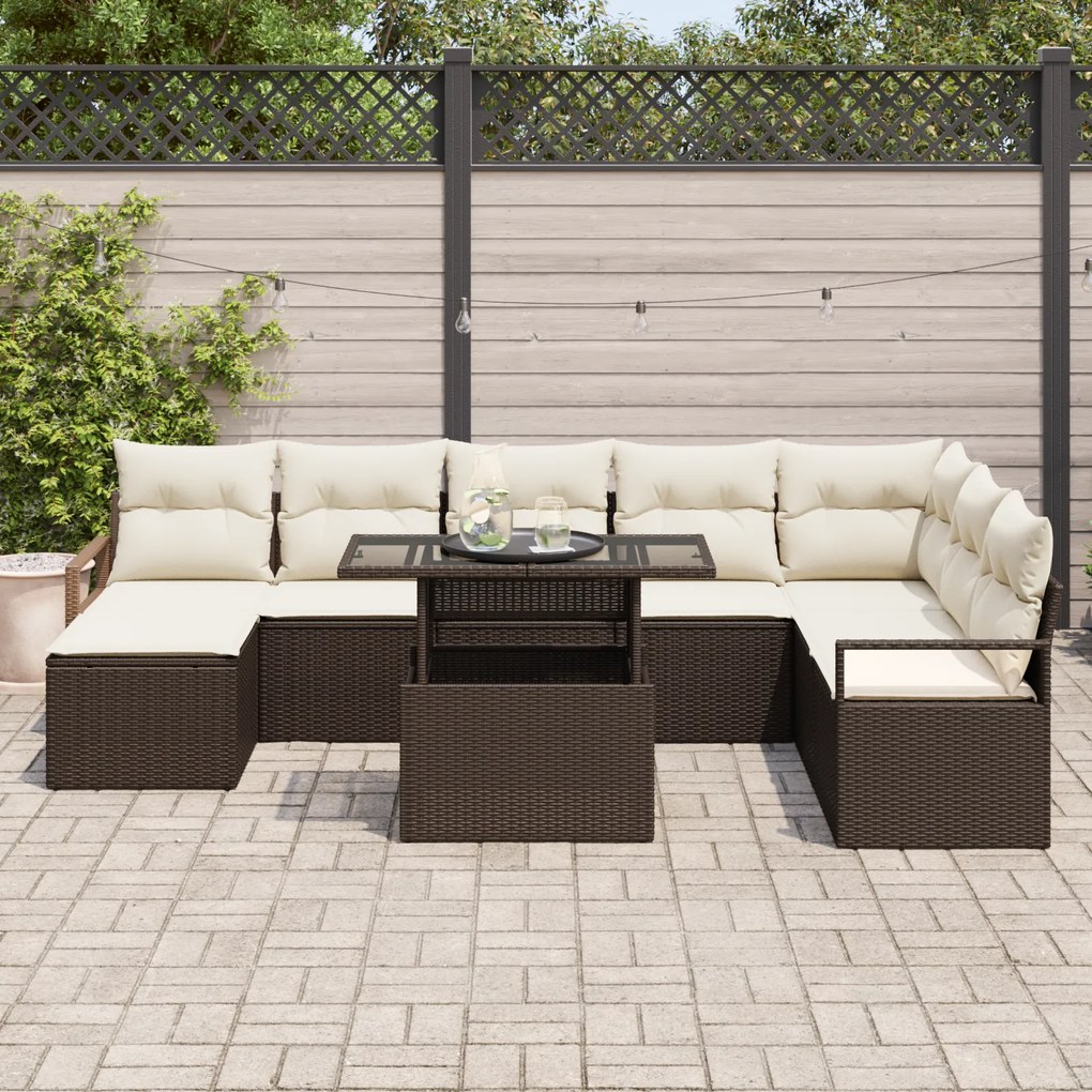 Conjunto de Sofá de Jardim vidaXL 9 Peças com Almofadas Castanho Ratta