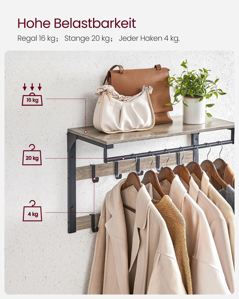 Bengaleiro de parede com varão para roupa 30 x 65 x 42 cm Greige