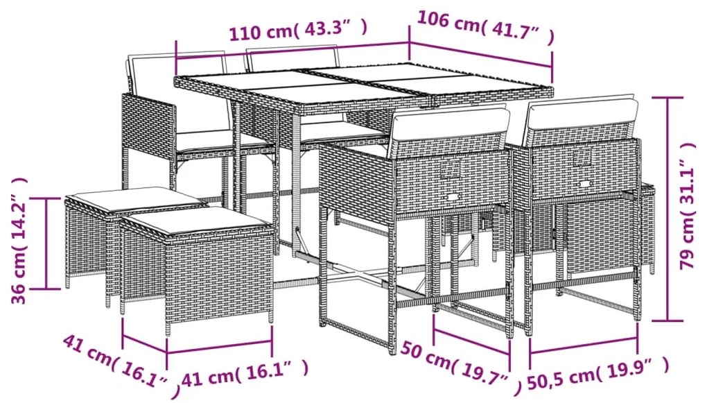 9 pcs conjunto de jantar p/ jardim com almofadões vime PE bege