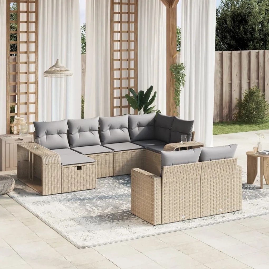 vidaXL 10 pcs conjunto de sofás p/ jardim com almofadões vime PE bege