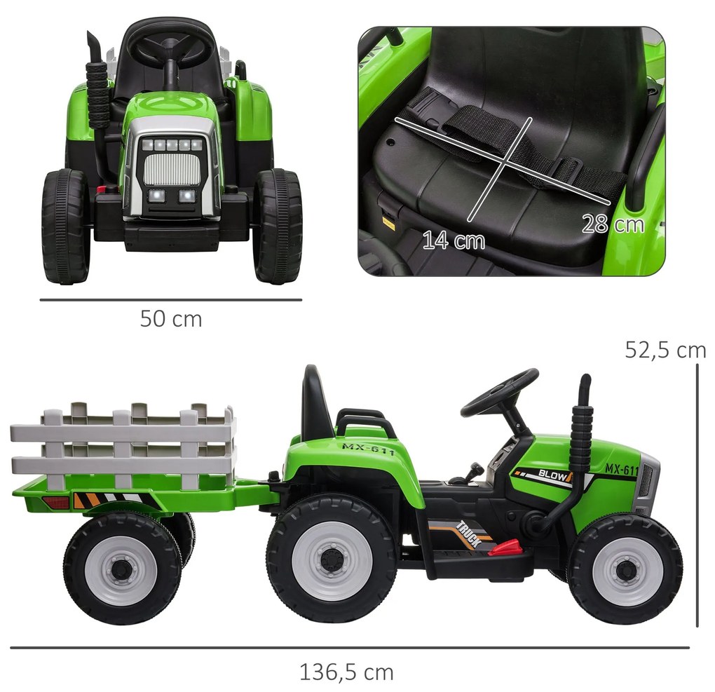 HOMCOM Trator Elétrico com Reboque Amovível Carro Elétrico para Crianç