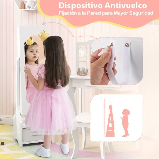 Armário espelho para joias para meninas 31,5 cm x 30 cm x 105 cm com arrumação e 2 ângulos de inclinação infantil com ganchos Prateleiras e gavetas Br
