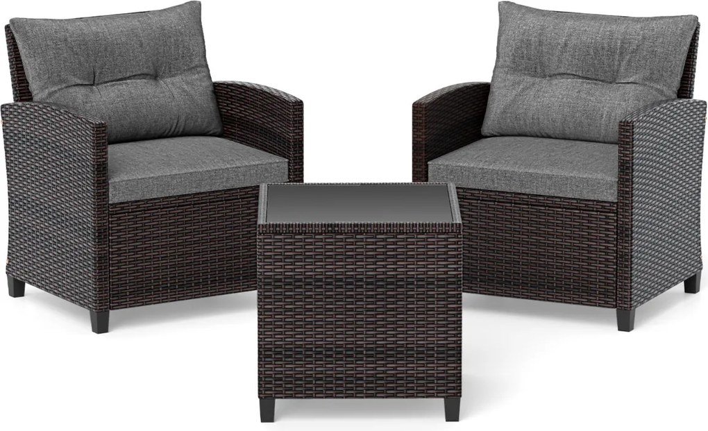 Conjunto Jardim de 3 peças em rattan com almofada lavável para jardim, piscina e varanda 67 x 67 x 76 cm Castanho e Cinzento