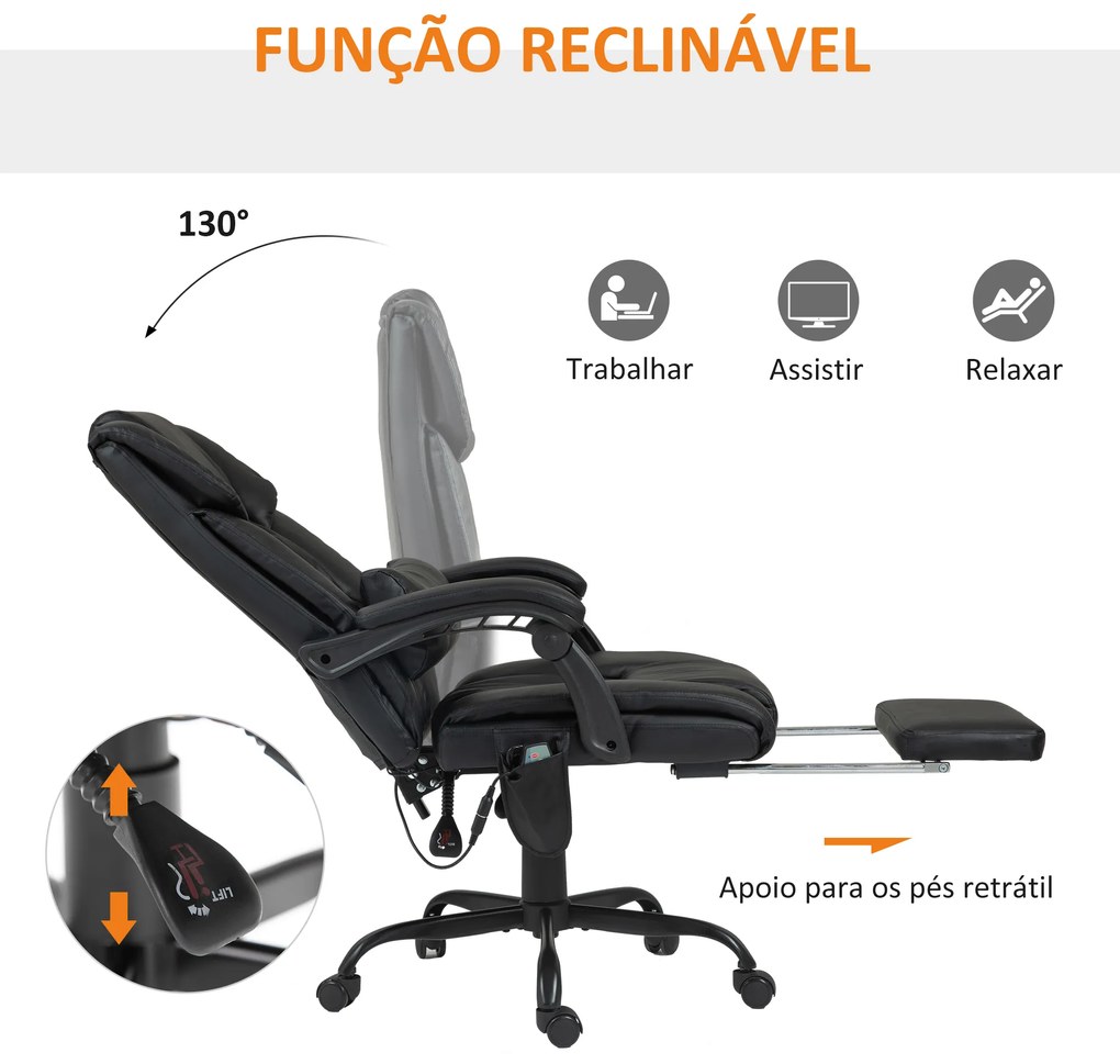Cadeira de Escritório com Massagem de 6 Pontos Encosto Alto Reclinável Apoio para Pés e Controlo Remoto 66x75x112-122 cm Preto