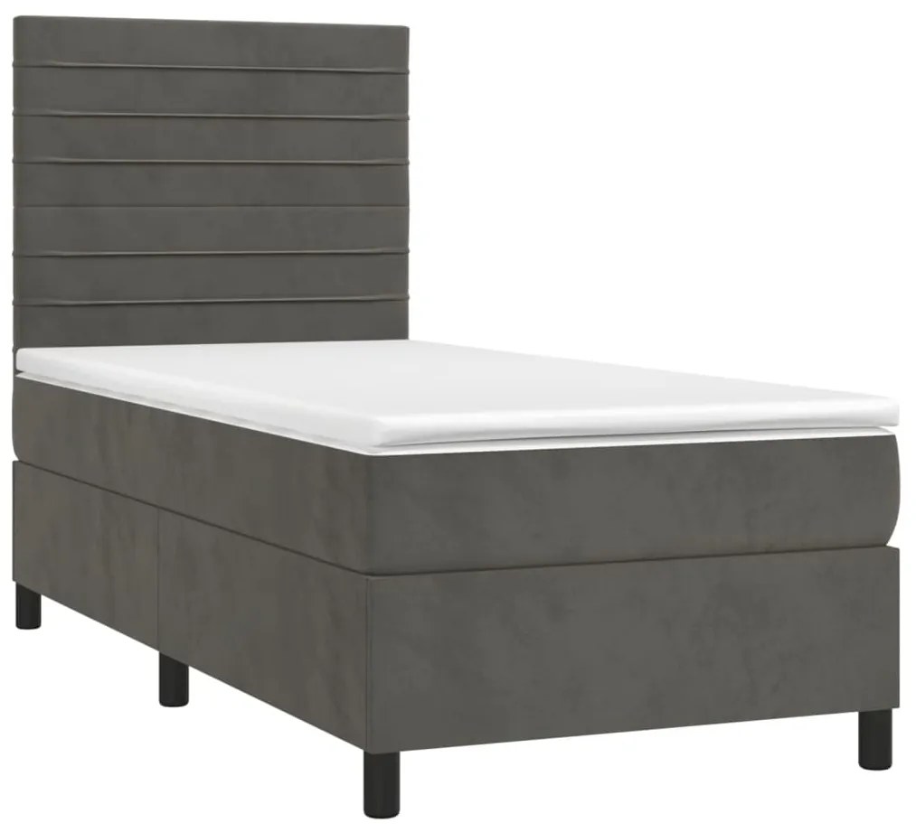 Cama box spring c/ colchão/LED 100x200cm veludo cinzento-escuro