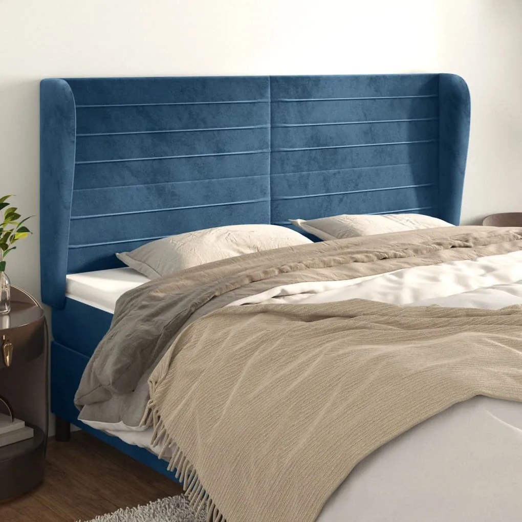 Cabeceira cama c/ abas veludo 203x23x118/128 cm azul-escuro