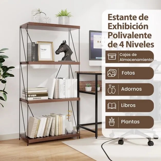 Estante multifunções de 4 níveis com estrutura metálica Estante de arrumação doméstica 61 x 105 cm Nogueira