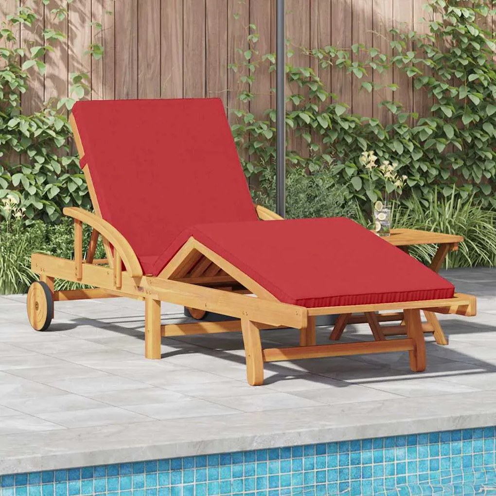 vidaXL Chaise Longue com almofada e mesa de madeira de acácia sólida vermelha.