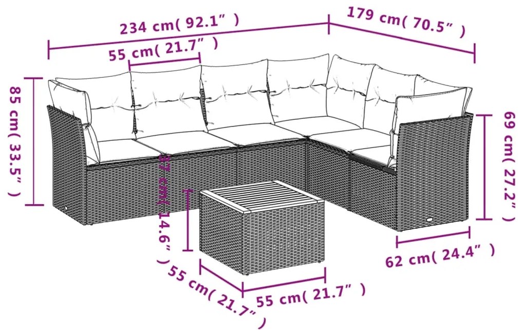 7 pcs conjunto sofás p/ jardim c/ almofadões vime PE cinzento