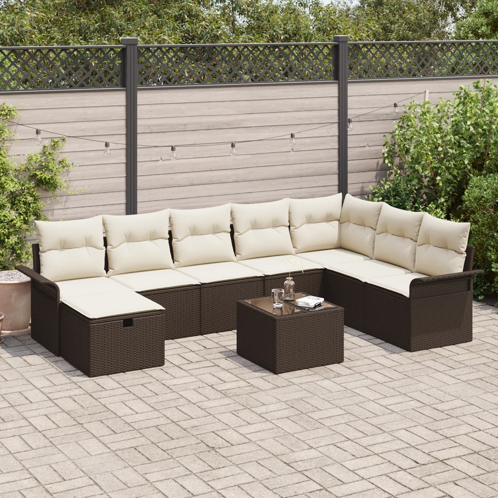 Conjunto de Sofá de Jardim com Almofadas Castanho Rattan Poliéster