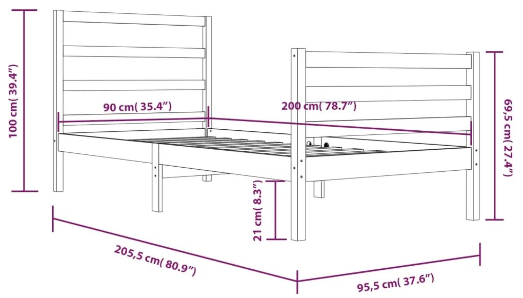 Estrutura de cama 90x200 cm pinho maciço castanho mel