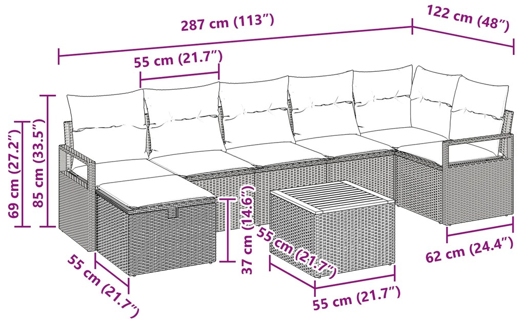 Conjunto de Sofá de Jardim VidaXL de 8 Peças com Almofadas Bege Rattan