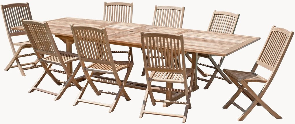 Conjunto de jantar para jardim em madeira de teca com orifício para guarda-sol Fun, conjunto de 9